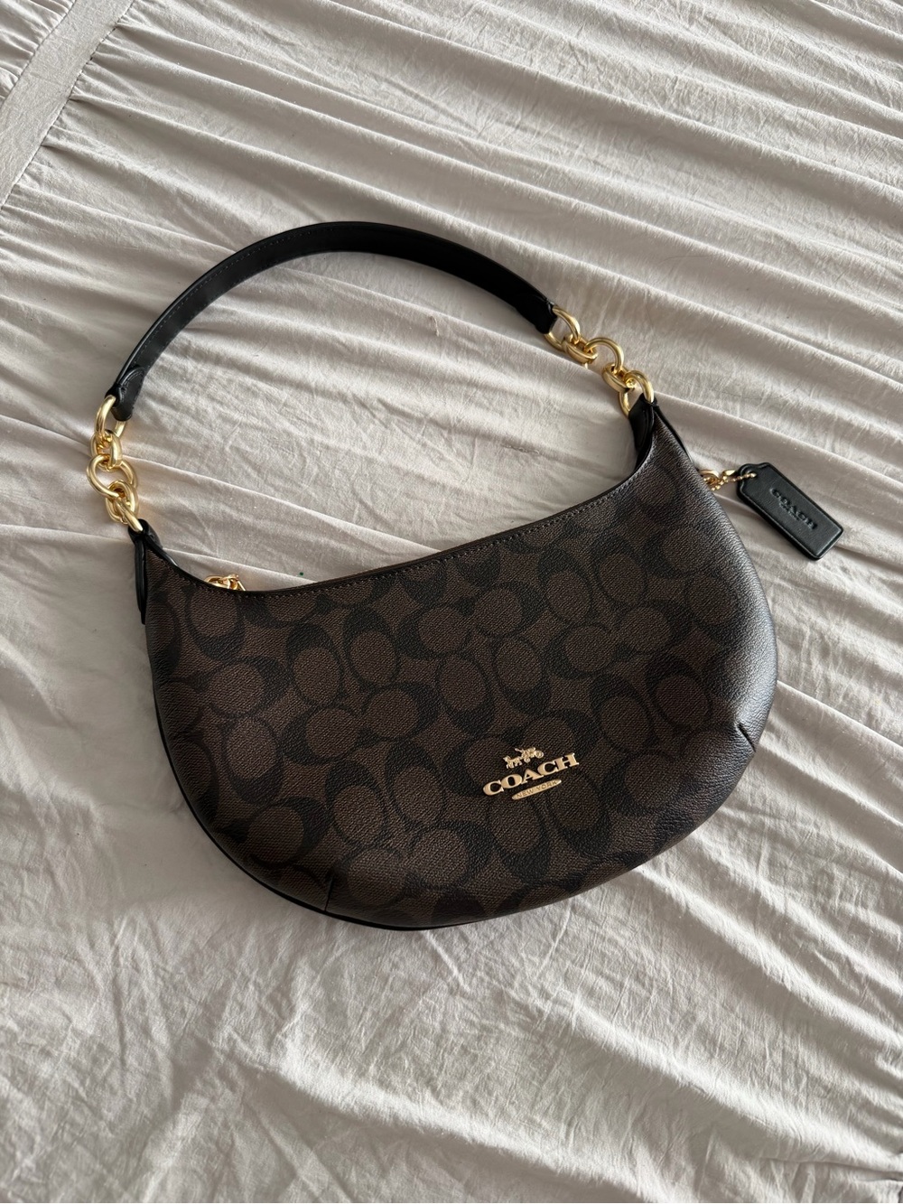 Coach Brown Signature Crescent Shoulder Bag with Black Strap and Gold Hardware